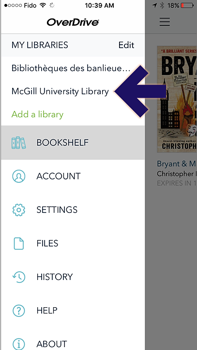 Screenshot of the Overdrive app on iphone, showing the open main menu, with an arrow pointing to the McGill University Library link.