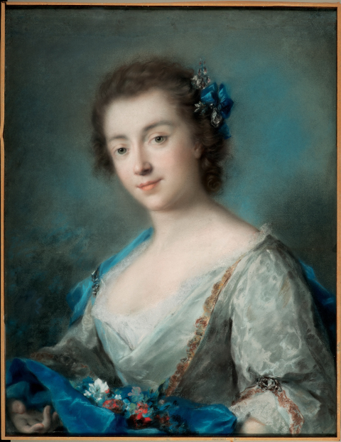 18th-century portrait by Rosalba Carriera titled "Portrait of Madame Lethieullier", image of a white woman wearing fine clothesm, pastel colours