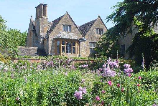 A garden with a house in the background