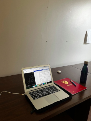 Pictured is Chloe's daily workspace at the Participatory Cultures Lab, located in the Coach House at McGill University. 