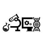 test tube, microscope, computer screen, DNA helix