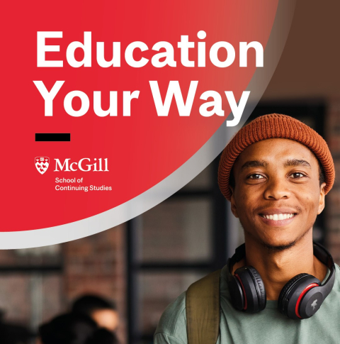 A smiling student with text overlay "Education Your Way"