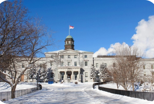 stone building with flag flying on top in winter