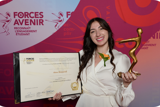 Young woman with brown hair and white dress smiling and holding trophy and certificate
