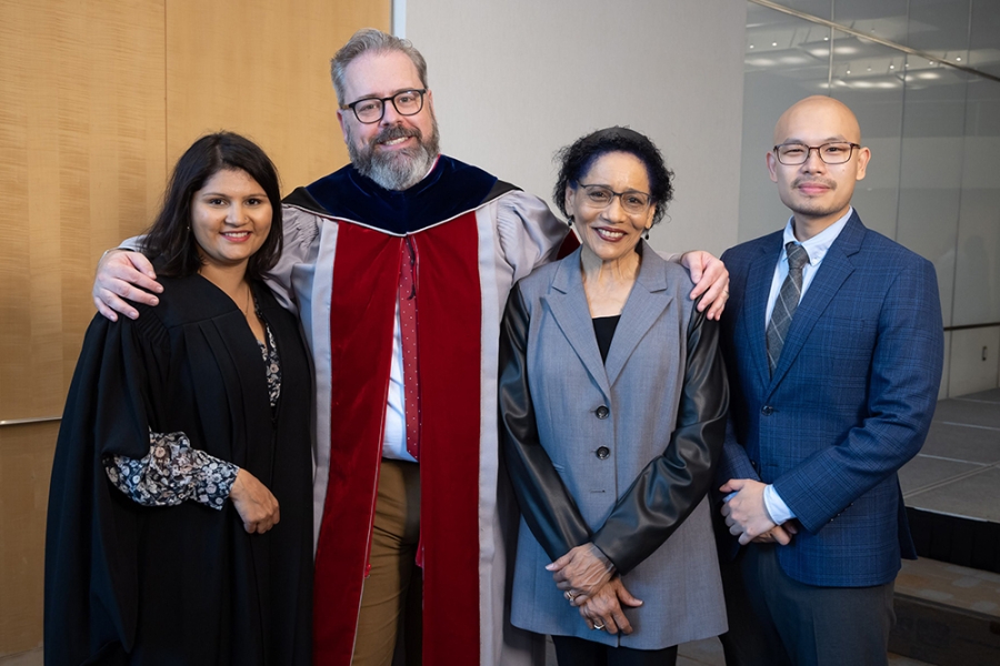 McGill MBA convocation reception. (Left to right: Sakshi Kumar (MBA&#039;23), Dean’s Medal for Great Distinction in the MBA Program, JP Ferguson, Yolande E. Chan, Dean of the Desautels Faculty of Management, WaiKit Ng (MBA&#039;23), Dean’s Medal for Great Distinction in the MBA Program).