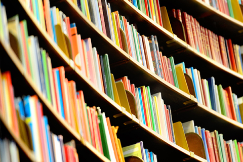 Books on shelves in a library