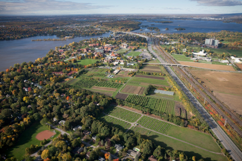 Aerial view of Macdonald campus with its dairy barn and fields