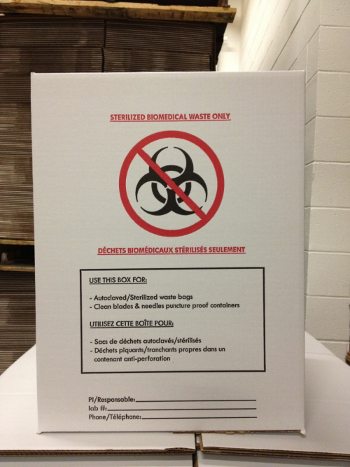 White cardboard box with crossed out biohazard symbol