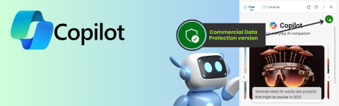 image of AI robot pointing to Microsoft Copilot chat and the secure version with a green checkmark