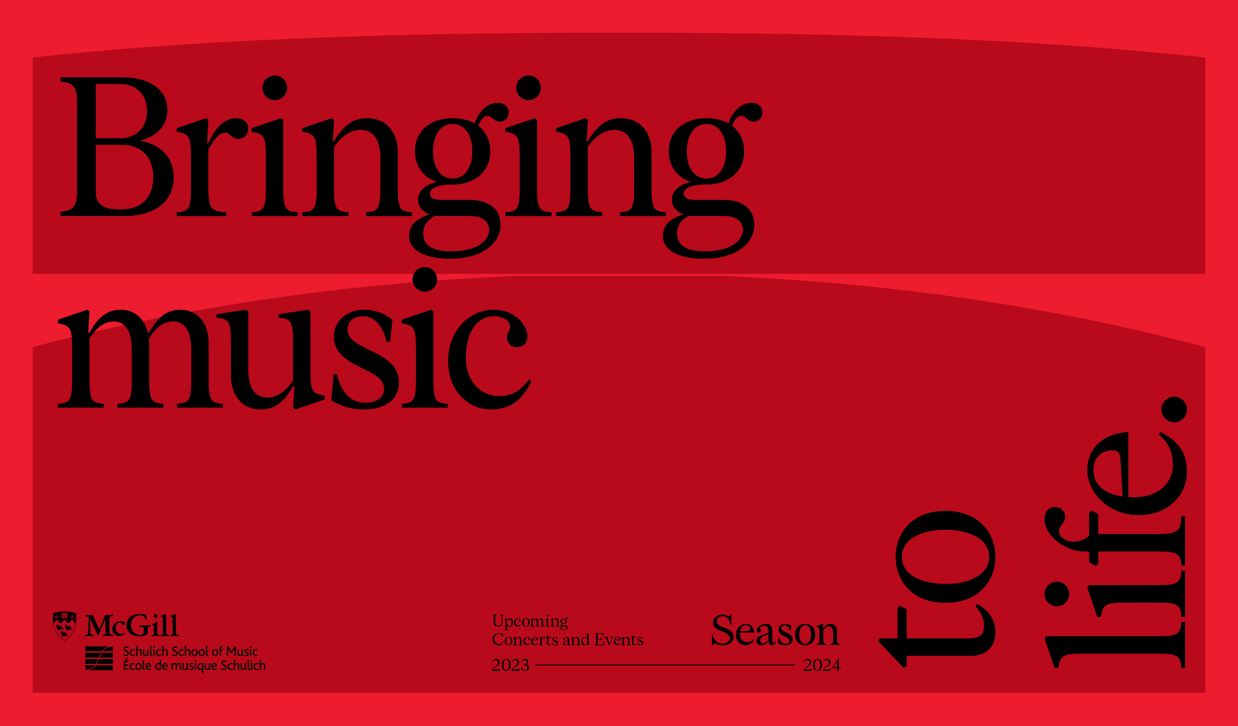 2023-2024 Season graphic with red and dark red background; text reads Bringing Music to Life