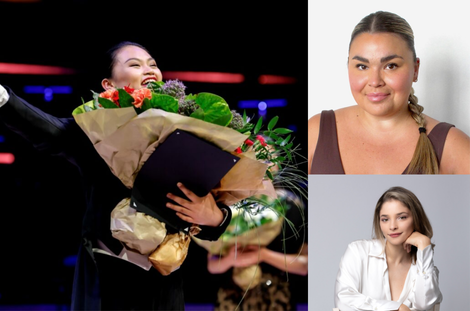  three professional headshots of women with one holding a bouquet of flowers 