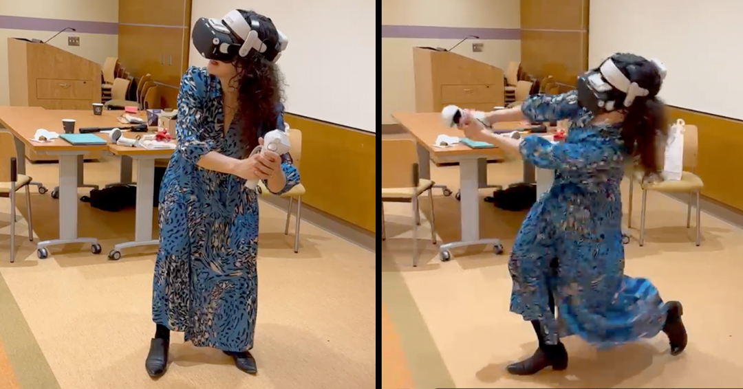 Argerie Tsimicalis tries her hand at using Virtual Reality equipment at the Shriner's Hospital for Children - Canada.