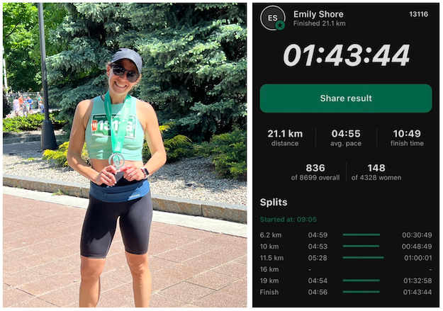 Emily, proud finisher of the 2023 Ottawa Half Marathon next to her finishing statistics