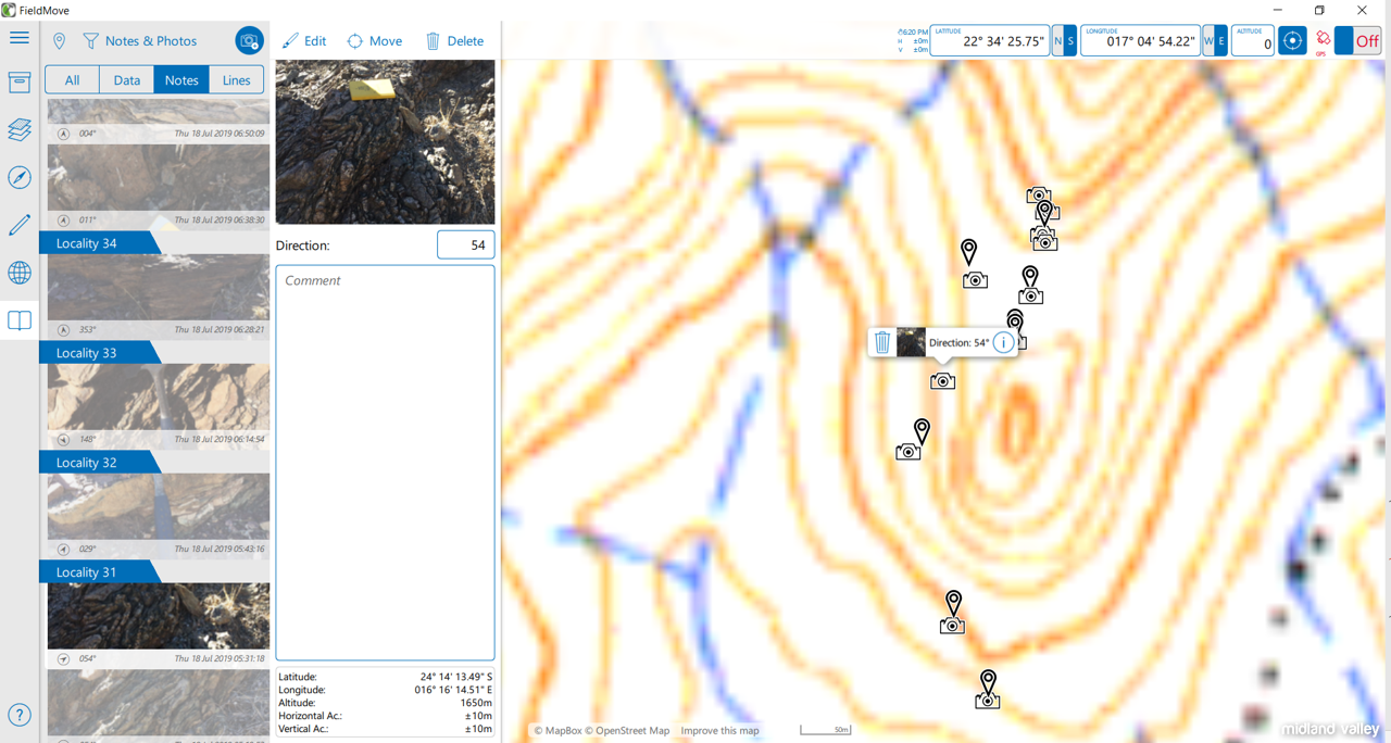 the screen of the 'Move' software showing the terrain in Naukluft.