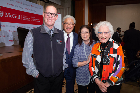 Flyer for the Paul Farmer Lectureship and Award in Global Health Equity with a group photo of Paul Farmer, Victor Dzau, Ruth Cooper-Dzau and Hanna Pappius
